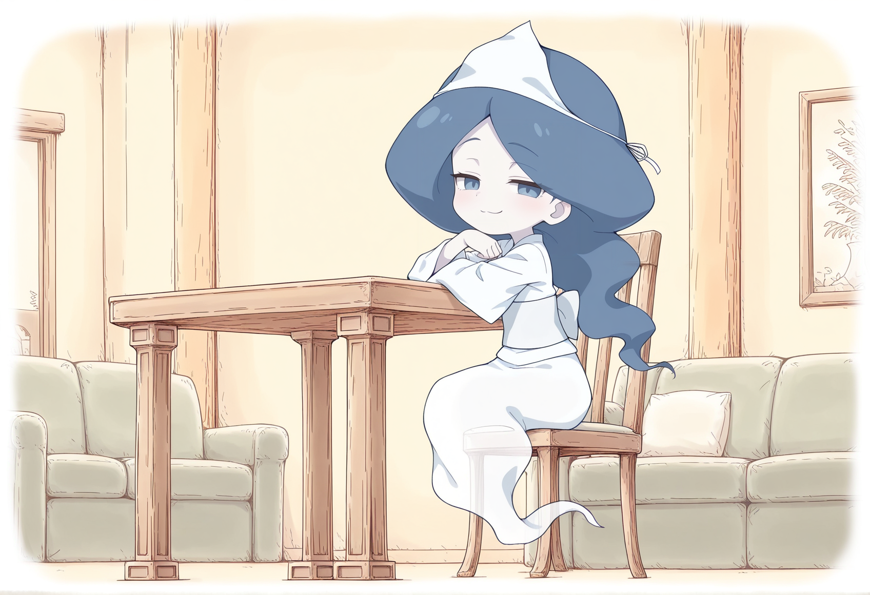 1girl, solo, transparent, monster girl, ghost tail, triangular headpiece, long hair, blue hair, parted bangs, blue eyes, pale skin, japanese clothes, obi, long sleeves, sitting, living room, chair, table, arm rest, looking at viewer, half-closed eyes, smug, closed mouth,  <lora:ghost_girl_moses:1>, masterpiece, best quality, amazing quality, very aesthetic, absurdres, highres, newest