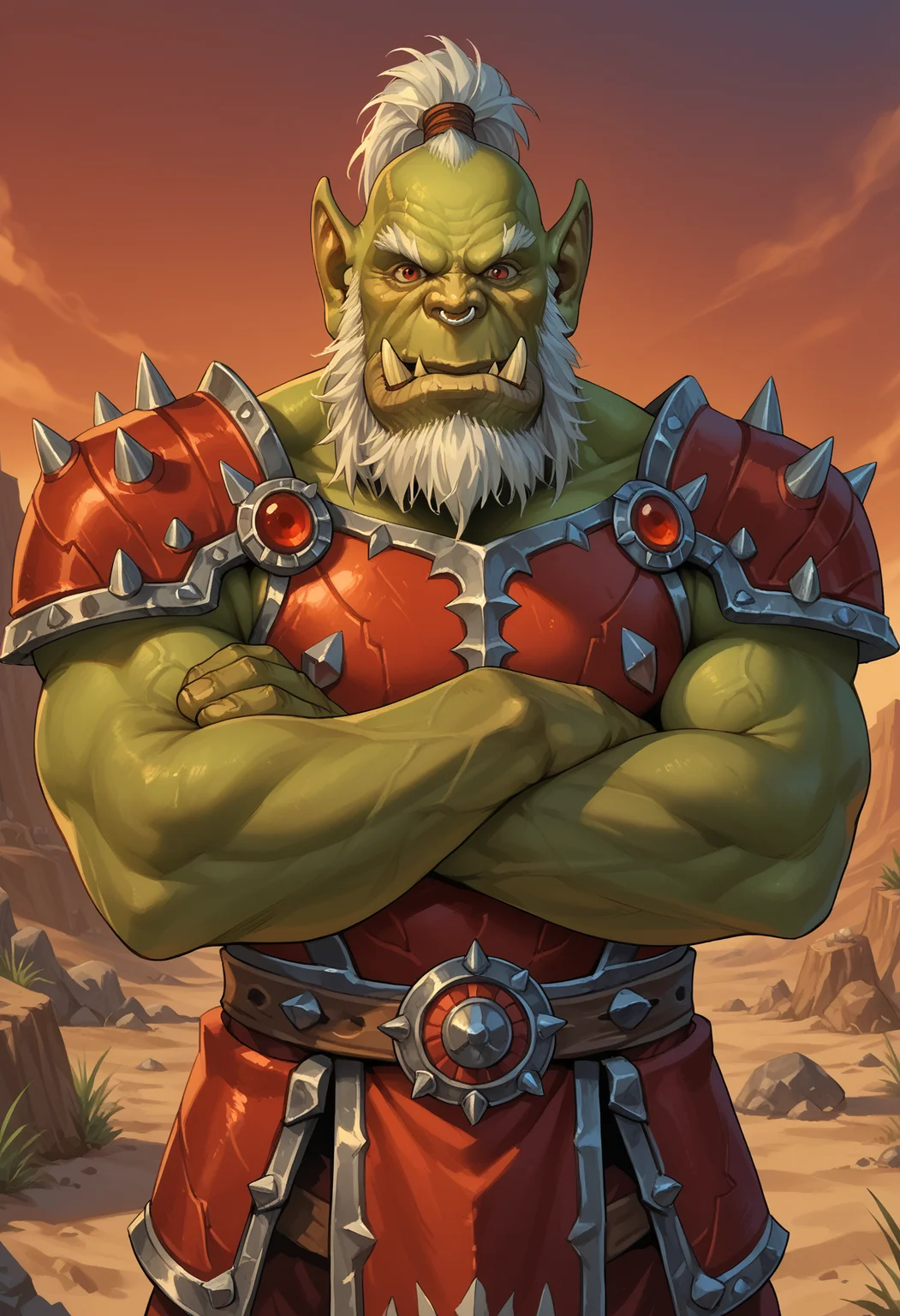 zPDXL3, score_9_up, score_8_up, score_7_up, detailed face, masterpiece, high quality, best quality, digital painting \(artwork\) BREAK rock, desert, warcraft, red sky, closed mouth, crossed arms, looking at viewer, solo, orc_wow, orc, tusks, red eyes, pointy ears, green skin, nose ring, white beard, muscular, tribal, armor, red armor, shoulder pads, spikes <lora:detailed_notrigger:1> <lora:Orc_WoW_V1:0.75>