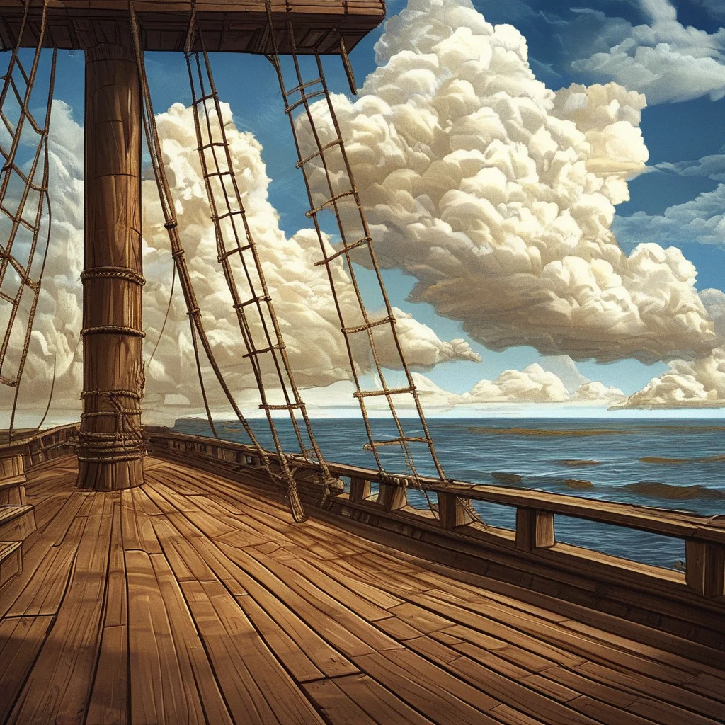 sky, mast, no humans, outdoors, solo, wooden deck, scenery, cloud, day, water, watercraft