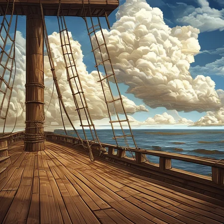 sky, mast, no humans, outdoors, solo, wooden deck, scenery, cloud, day, water, watercraft