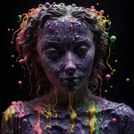 In a swirl of color and emotion, the artist's desiccated form is reborn as a breathtaking work of art. Titled "Learning to Love Midjourney," this wry, humorous, and melancholic opus explores the fleeting nature of feelings amidst the neon glow of Vegas, A disheveled, ashen figure rises from the canvas, as the artist's own remains are transformed into a sweeping, ultra-detailed composition. With intricate details and perfect balance, this work juxtaposes the sparkle of bubbles with the disappearance of emotions in the city of lights, Amidst a whirlwind of slime-covered figures, the artist's ashes are reconstituted into a stunning, hyper-realistic portrait. With moist skin, detailed eyes, and an explosion of color, this work probes the absurdity of daily life through the lens of muppet relationships, In the city of neon dreams, a poignant narrative unfurls, born from the artist's own desiccated form. This breathtaking work, "How I Learned to Love Midjourney," weaves a complex tale of love, loss, and the search for meaning amidst the absurdity of modern life