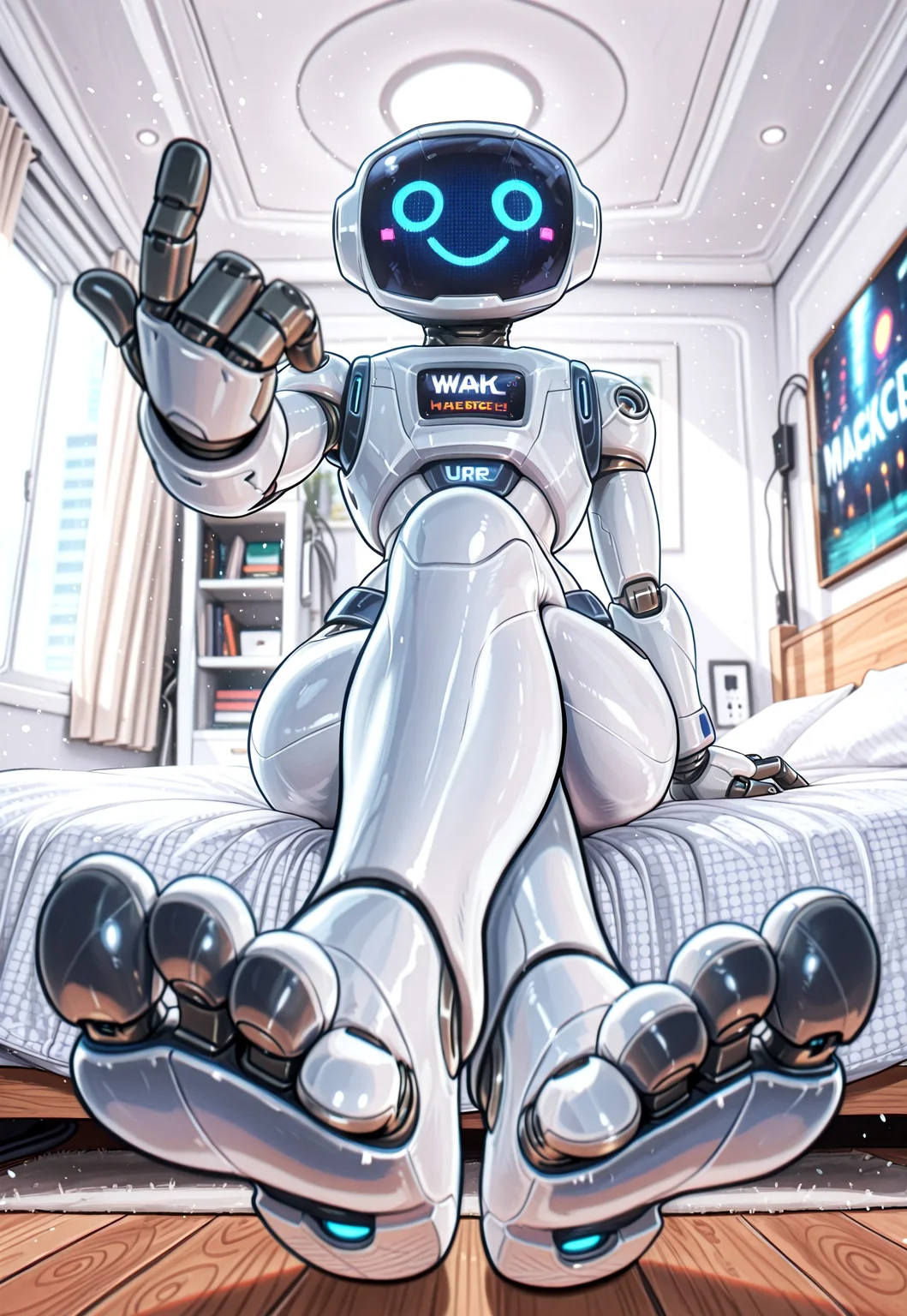 mrherbie, robot, white body, screen face, 3 finger, legs, 3 toe, sit on bed, legs crossed, bedroom eyes, inviting gesture, 

indoors, futuristic bedroom, futuristic bed, windown, white theme bedroom, dynamic pose, foreshortening, perspective, 

masterwork, masterpiece, best quality, detailed, depth of field, high detail, very aesthetic, shadmanILL, pixelsketcher, 