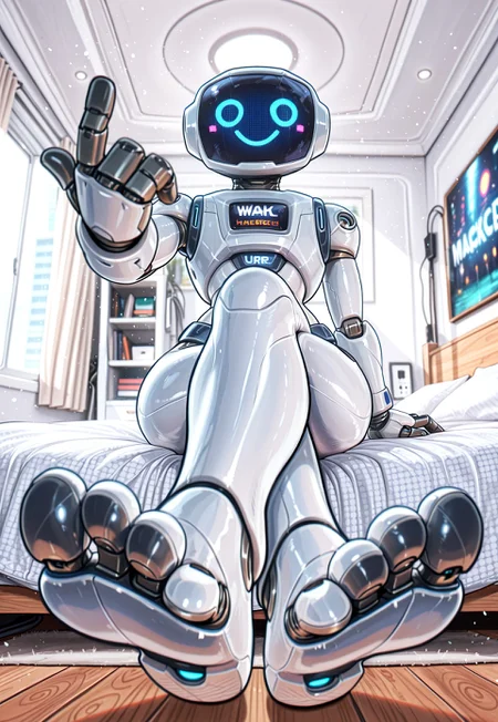 mrherbie, robot, white body, screen face, 3 finger, legs, 3 toe, sit on bed, legs crossed, bedroom eyes, inviting gesture,
indoors, futuristic bedroom, futuristic bed, windown, white theme bedroom, dynamic pose, foreshortening, perspective,
masterwork, masterpiece, best quality, detailed, depth of field, high detail, very aesthetic, shadmanILL, pixelsketcher,