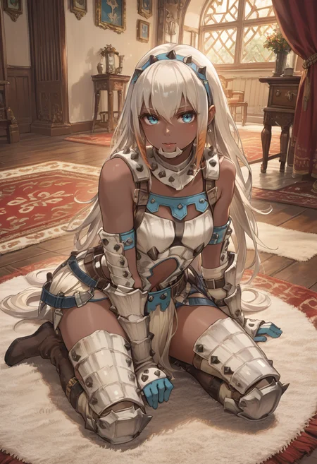 (score_9:0.9),score_8_up,score_7_up,rating_safe,anime style,(zPDXL),<lora:Barioth S Armor ponyXL v2.1:0.85>,barioth armor,dark-skinned female,long hair,white thigh boots,carpet,white elbow gloves,looking at viewer,