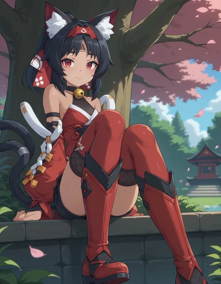 score_9, score_8_up, score_7_up, 2d, sitting under cherry blossom, leaning on the tree, in the garden, looking at viewer, smile seductively,
<lora:nekomiya.pony:0.85>, nekomiya, red eyes, black hair, dark skin, ponytail, cat ears, cat tail, two tails, hairband, red bow, hair bow, forehead mark, sleeveless shirt, red leotard, black shorts, detached sleeves, puffy long sleeves, bridal gauntlets, choker, neck bell, thighhighs, red footwear, knee boots, black fur
<lora:age_slider_v4:-1>,