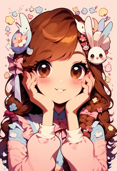 score_9, score_8_up, score_8, medium breasts, (curvy), cute, eyelashes, pastel,
BREAK,
1girl, solo, long hair, looking at viewer, blush, smile, brown hair, hair ornament, long sleeves, bow, brown eyes, upper body, braid, flower, hair bow, bird, pink background, pink bow, on head, hands on own face, animal on head, rabbit hair ornament, hands on own cheeks
,zPDXL,