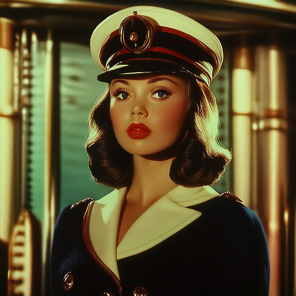 ArsMovieStill, movie still from a 1930s technicolor movie, The image shows a woman in a sailor's uniform standing in front of a ship wearing a cap and surrounded by various objects in the background., 1girl, hat, solo, red lips, upper body, brown hair, uniform, realistic, lips, blurry