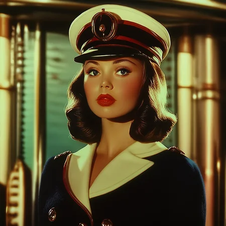 ArsMovieStill, movie still from a 1930s technicolor movie, The image shows a woman in a sailor's uniform standing in front of a ship wearing a cap and surrounded by various objects in the background., 1girl, hat, solo, red lips, upper body, brown hair, uniform, realistic, lips, blurry