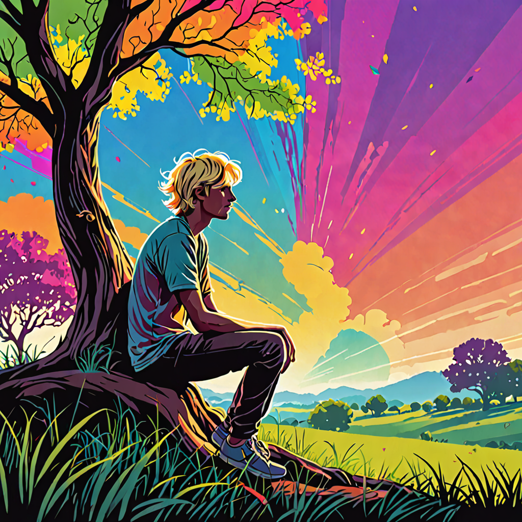 An young adult man, seen from the side, sitting by a tree, pensive, wind gush, flowy blonde hair, silhouette, vibrant rainbow neon color, English countryside, vegetation, illustration, cartoon, highly detailed, high quality,