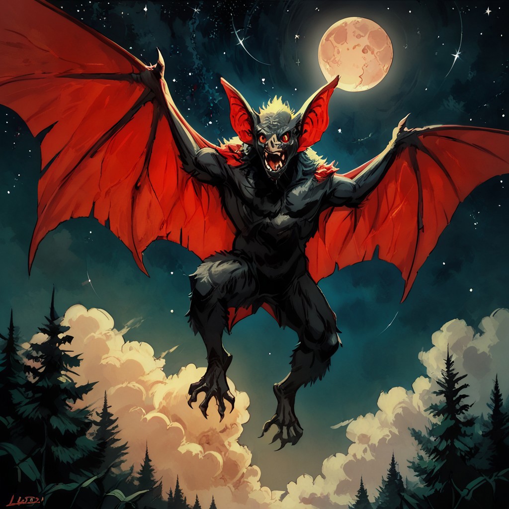 Zpdxl3, Score_7_up, score_8_up, low angle, from below, full body,
BREAK,
 monster, solo, Batsquatch, bat, black skin, red wings, (winged arms:1.3), flying, in the air, leaping, full moon, nighttime, stars, space, galaxies, trees, clouds,