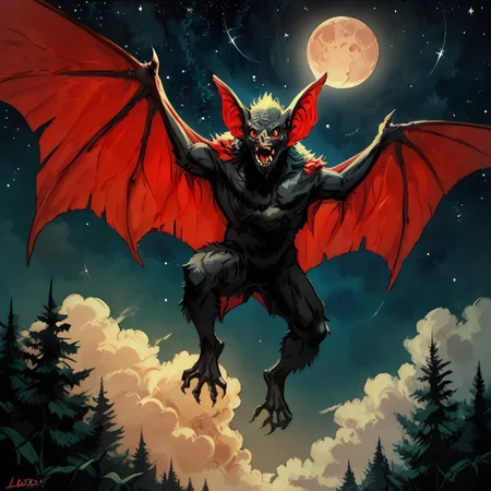 Zpdxl3, Score_7_up, score_8_up, low angle, from below, full body,
BREAK,
monster, solo, Batsquatch, bat, black skin, red wings, (winged arms:1.3), flying, in the air, leaping, full moon, nighttime, stars, space, galaxies, trees, clouds,