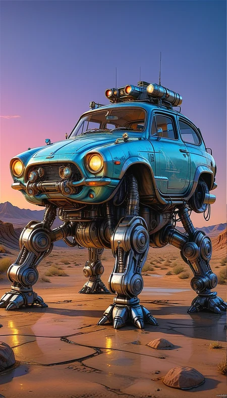 (cel-shading:2)+, (in ARTIST style:1.6), (masterpiece:1.7), glow blue neon, hyperrealism, glossy, shinny, clear image, accurate picture, clear picture, precise image, focused image, Science fiction style, Science fiction, (cozy comfy, no humans, science fiction, vehicle focus, robot, neon night wasteland background, mecha, multi legged vehicle,transparent glass paint, glass car) comic style, (ultra sharp focus:2), (thin lines:2), (best quality:1.8),
(masterpiece:1.8), (highest detailed:1.8), perfectly lighted, (contrast), (saturated), (((sharp focus))),
(hyperdetailed:1.3), (intricate details:1.2), (Refined details:1.3), (best quality:1.5), highly detailed textures, vibrant colors,
(ultra sharp focus:1.8), (detailed texture:1.8), (detailed edges:1.8), (thin lines:1.8), (best quality:1.8),
<lora:Apparatus_-_Traction_City_Walkers_Vehicles:0.8>,