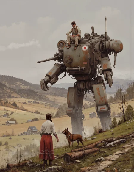By Jakub Rozalski. A digital illustration shoot from a low angle about a scene depicting a man and a woman standing in front of a large, rusted metal robot on a hillside, with a dog by their side. the scene is set in a rural area with rolling hills and a distant village in the distance, surrounded by a hazy, misty landscape. on the left side of the image, a woman with long brown hair and a red skirt stands on the hill, looking out over the village. she appears to be a adult, with her back to the viewer, wearing a white shirt and red skirt, and her hair tied back in a long braid. she is facing away from the camera, and she is standing on the ground with her lower body visible. in the background, a man with a gun is sitting on the top of the robot, looking over his shoulder with a serious expression. the robot has a large gun mounted on its back, and the dog is standing beside it, looking up at the man. the overall atmosphere of the scene has a sense of tension and foreboding, with the muted colors and textures of the landscape adding to the sense of realism.