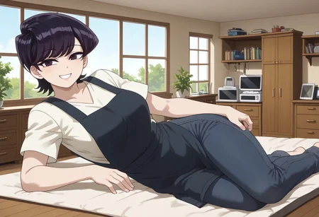 score_9, score_8_up, score_7_up, source_furry, BREAK,
(1girl, solo:1.5), gtscramped,
shuuko komi, short hair, black hair, black eyes, half-closed eyes, shirt, white shirt, short sleeves, pants, apron, denim, jeans, blue apron, large breasts, wide hips,
Happy, very happy, wide smile,
bedroom, bed, on bed, green rug, dresser, bookcase, window, wooden floor, lying, on side, blanket,
<lora:GiantessCrampedPonyXL-V1:1>