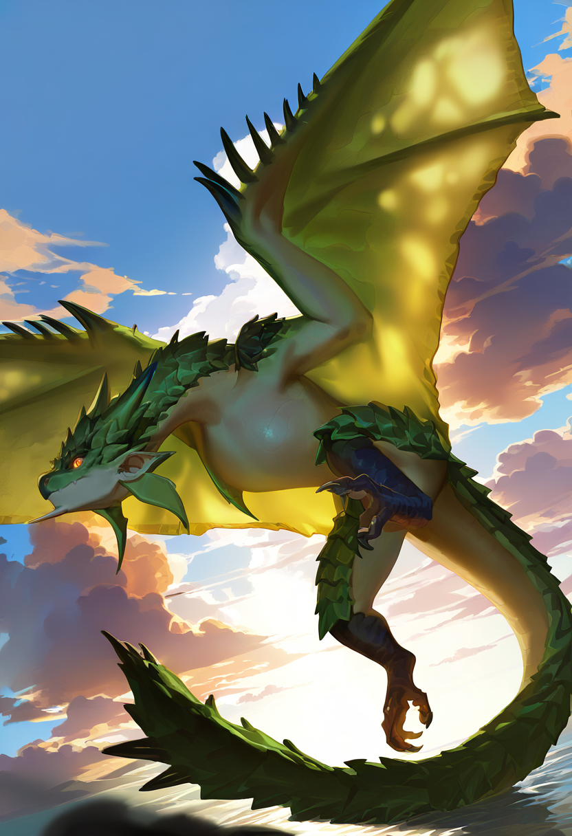<lora:MH_RathDuo_a1_7_NoobXL-eps_spnlora1_th-0.7>,<lora:nyalia>,nyalia,masterpiece,best quality,high quality,shaded,amazing quality,very aesthetic,absurdres,scenery,newest,volumetric lighting,digital media \(artwork\),depth of field,mhrath,solo,feral,detailed background,sky,cloud,orange eyes,slit pupils,three-quarter view,chin spike,green scales,winged arms,flying,dutch angle,no hands,
