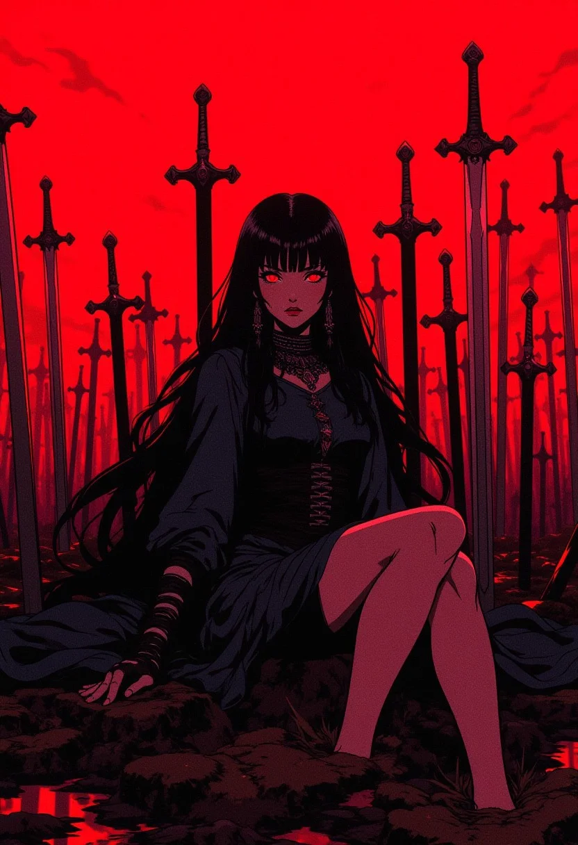 A gothic warrior with long black hair and a dark dress, reclining against a sea of swords planted in the ground. The red sky intensifies the dark mood, and her eyes are filled with a haunting calm. The swords glisten under the crimson light. (epic dark fantasy style).
ne0nfant4sy <lora:RetroAnimeFluxV1:0.5> <lora:NeonFantasyFLUX:0.3>