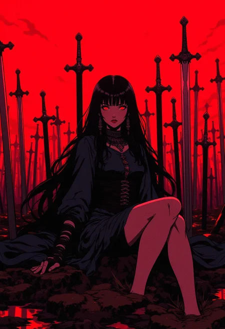 A gothic warrior with long black hair and a dark dress, reclining against a sea of swords planted in the ground. The red sky intensifies the dark mood, and her eyes are filled with a haunting calm. The swords glisten under the crimson light. (epic dark fantasy style).
ne0nfant4sy <lora:RetroAnimeFluxV1:0.5> <lora:NeonFantasyFLUX:0.3>