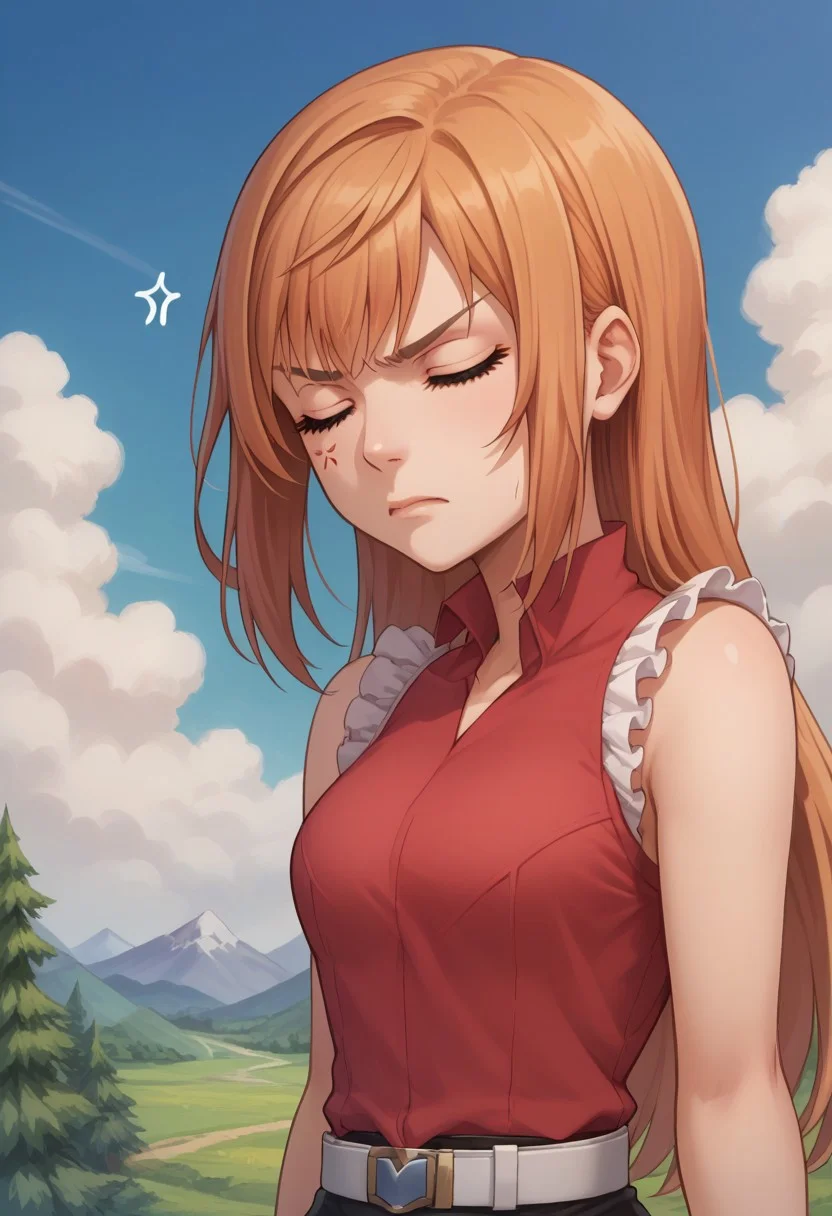 score_9, score_8_up, score_7_up, source_anime, highly detailed,
reynn, 1girl, solo, long hair, sleeveless, closed eyes, annoyed, upper body, frills, orange hair, standing, shirt, red shirt, belt, anger vein, parody
outdoor, sky, mountains, trees, clouds
