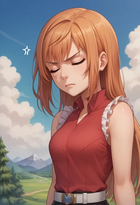 score_9, score_8_up, score_7_up, source_anime, highly detailed,
reynn, 1girl, solo, long hair, sleeveless, closed eyes, annoyed, upper body, frills, orange hair, standing, shirt, red shirt, belt, anger vein, parody
outdoor, sky, mountains, trees, clouds