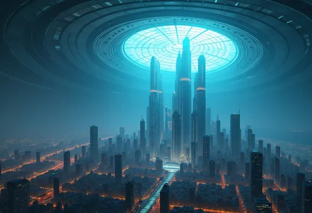 Future city, huge dome, huge dome under water, city under huge dome under water, skyscrapers, a lot off skyscrapers, neon glow, neon light, straight lines, best quality, high realistic, realistic view, super realistic view, beautiful view, clear skyscrapers, view in the city, view under the dome, dome covers the whole city, ocean background, day, light, colorful