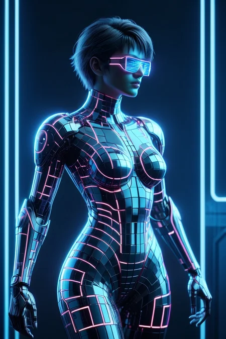 sci fi character with cybernetic mecha implants in the style of a code vein character made of mad-dscbll, neon_blue glowing outline, cyberspace grid in background, sparkle, dynamic dramatic lighting, bokeh, dynamic camera angle, dynamic pose<lora:Disco_Style_SDXL:0.9>  <lora:Neon_Cyberpunk_SDXL_Cyberspace:0.6> mad-cyberspace, cyberpunk, scifi, 1980s, retro <lora:aesthetic:1> aesthetic, masterpiece, best quality, ultra high res, (photorealistic, realistic:1.2), deep shadow, raw photo, film grain, Fujifilm XT3, 8k uhd, dslr