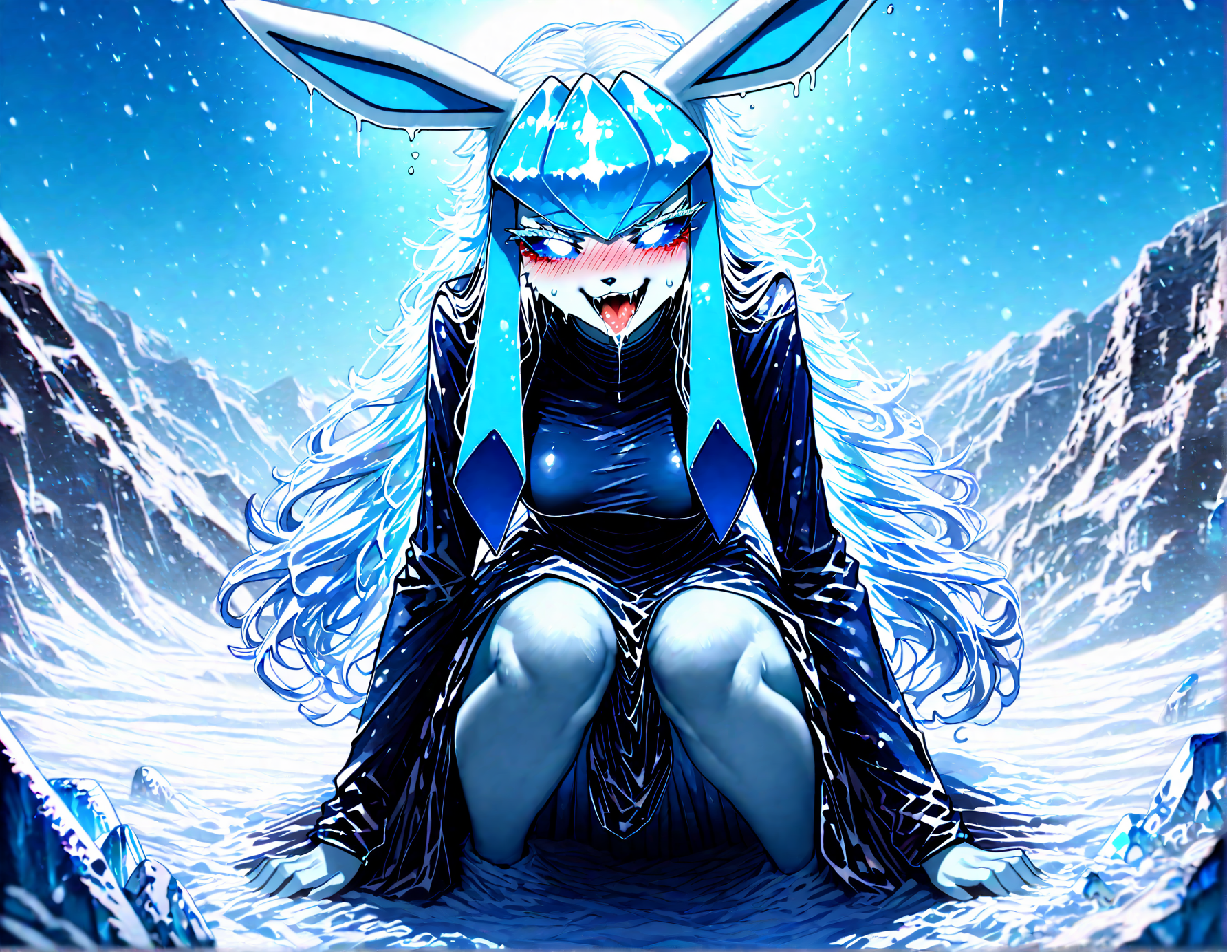 pokemon, glaceon , 1girl, ban! \(bansankan\):0.7, quasarcake:0.8, wlop:0.9, animal_ears ,animal_nose,blue_fur ,blue_hair ,blue_sclera, blue_sky ,blue skin,blue_theme, blurry, blush, body_fur, breasts,colored_sclera, cowboy_shot ,  fang, furry ,furry_female,  happy , medium breasts, looking_down , nose_blush, outdoors, personification ,pokemon_(creature),long_hair, shiny_skin ,sidelocks,sky, smile, solo ,sweat , tail ,white_eyes, long_sleeves, black_shirt ,black dress, white thighhigh,
, squatting,naughty_face ,tongue, tongue_out , saliva,open mouth, leg, leg focus, feet, looking at viewer,pov_crotch,
snowy, snow, outdoors,, fr0stwrld, ice ,
masterpiece, best quality, Good quality, very aesthetic, absurdres, newest, (Perfect details), solo,
<lora:Fr0stWrld4:0.7>, <lora:ponyv5_noobV065S_1_adamW:0.8>, <lora:illustrious_noobai_epsilon_pred_1_best_quality_v1:0.7> ,<lora:illustrious_noobai_epsilon_pred_11_very_aesthetic_v1:0.7> ,<lora:illustrious_noobai_epsilon_pred_1_masterpieces_v1:0.7>