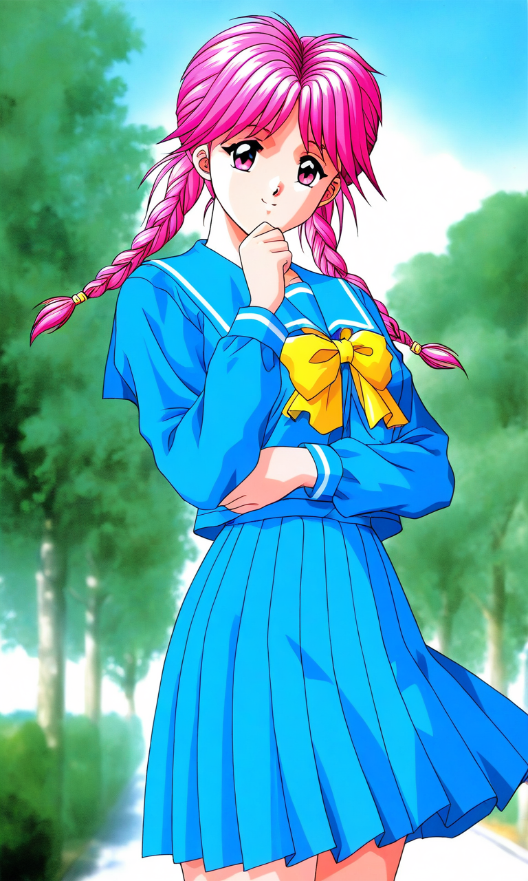 general,highres, ultra-detailed,very aesthetic,best quality ,best hands, BREAK  <lora:Koshiki_Yukari_Tokimeki_Memorial_IS:1>
Koshiki_Yukari(Tokimeki_Memorial), 1girl, solo, pink hair, twin braids, long hair, pink eyes, bangs,
school uniform, blue serafuku, blue skirt, Yellow bow, 
sailor collar, blue sailor collar, smile, long sleeves, pleated skirt, hand on own chin,
outdoor, tree, sky,