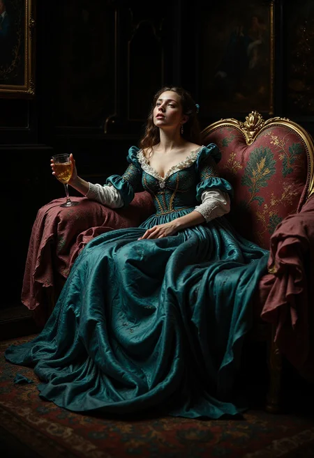 debauchery, full body full figure image, splayed on a sofa, dejected, soiled luxurious marquess evening gown, drunk, 18th Century noblewomen as epitome of decadence, depraved decadent nobility, vice, weary expression, excessive revelry, used, unhinged, rococo, hyperdetailed, bokeh, masterwork, glimpses of teal and pink, soft rim light, ornate, depravity, corruption of the soul