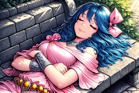 masterpiece, best quality, amazing quality, hatching (texture), FMIXF, vibrant details, vibrant colors, GOHPIA, solo, medium length hair, 1girl, blue hair, pink hair bow, silver bracers, neckace, gold bead belt, long pink gown, pink shawl, pink shoulder sash, upper body, dutch angle, crossed hands, eyes closed, eyelashes, sleeping, smile, sunlight, close-up, lying on back, stone bench, lips
