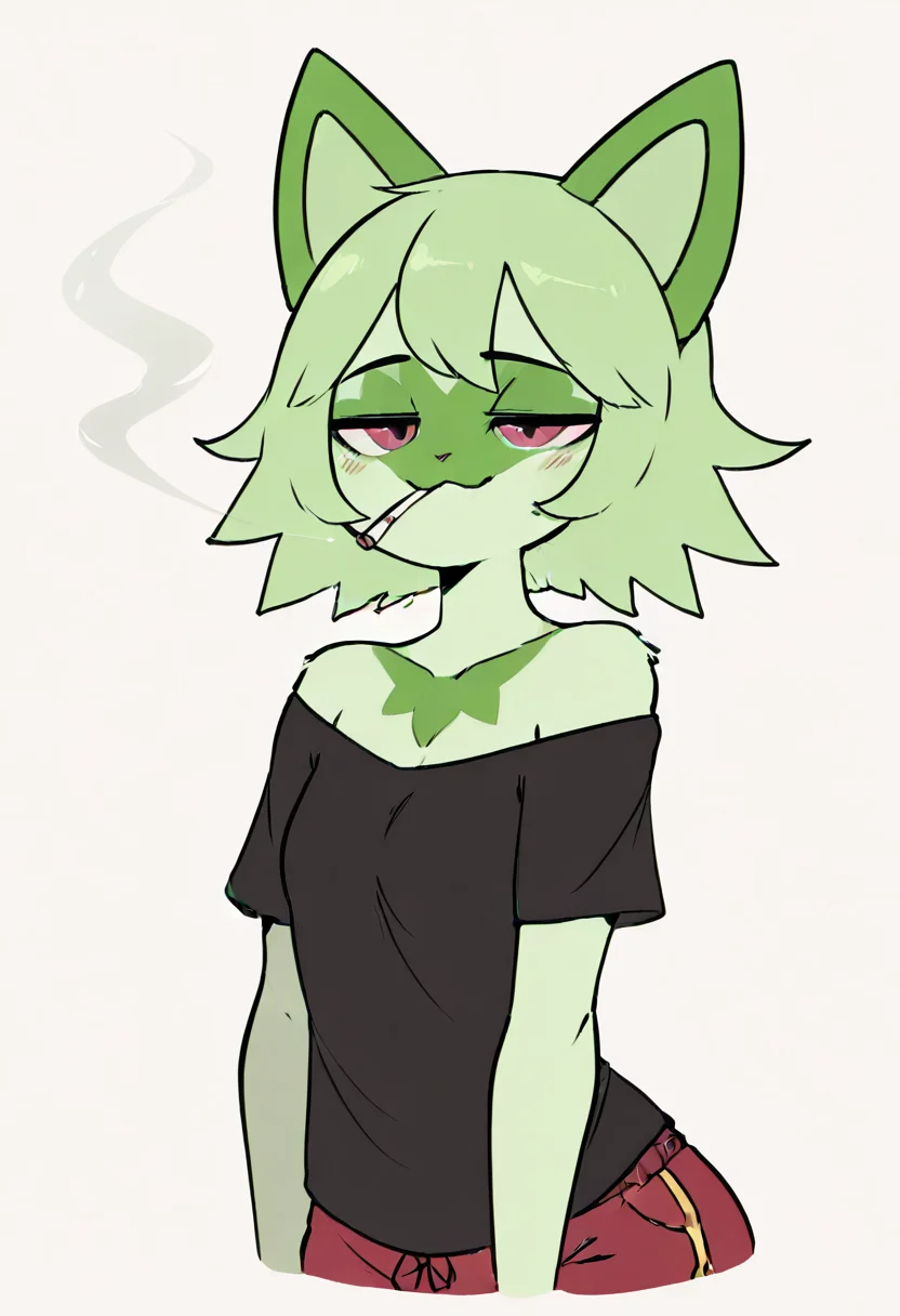 masterpiece, best quality, zzWdcat, 1girl, looking at viewer, blush, short hair, simple background, shirt, white background, animal ears, bare shoulders, upper body, short sleeves, green hair, artist name, cat ears, off shoulder, black shirt, :3, blush stickers, half-closed eyes, cat girl, furry, cropped torso, furry female, solo, smile, looking at viewer, aura, blue sky, ,, <lora:Wdcat_IXL:1.0>, , smile, looking at viewer, cowboy shot, ,<lora:Diives_NAI:1.0>,