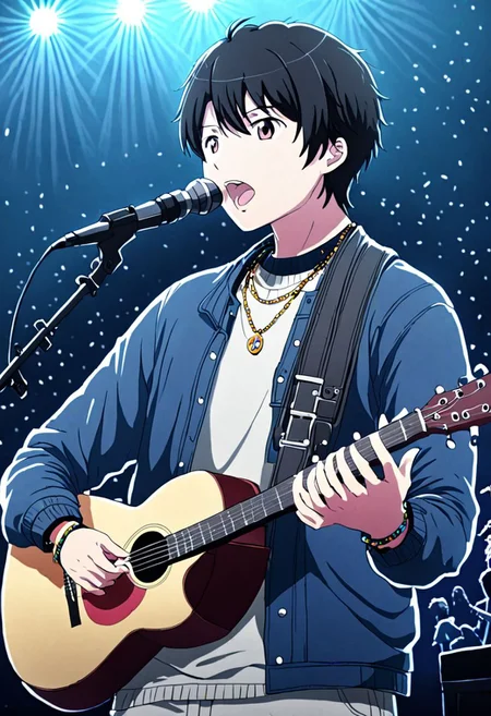 high resolution, solo, best quality, 1Boy, Inaho Kaizuka, Black Hair, singing, portrait, dept of field, virtual concert, playing musical instrument, necklace, bracelet, sneakers, OverallDetail