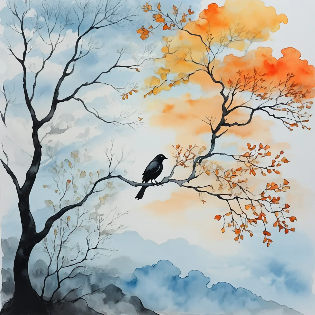 <lora:Expressive_Watercolor_Ink_washSDXL:1> ArsMJStyle, Expressive Watercolor Ink Wash, The image is a watercolor painting of a tree with a bird perched on one of its branches. The tree is bare with no leaves and the branches are covered in orange and yellow leaves. The background is a light blue sky with a few clouds. The painting is done in a loose hand-drawn style with a mix of black and white colors. The overall mood of the image is peaceful and serene., no humans, tree, bird, bare tree, scenery, branch, outdoors, painting (medium), crow, traditional media