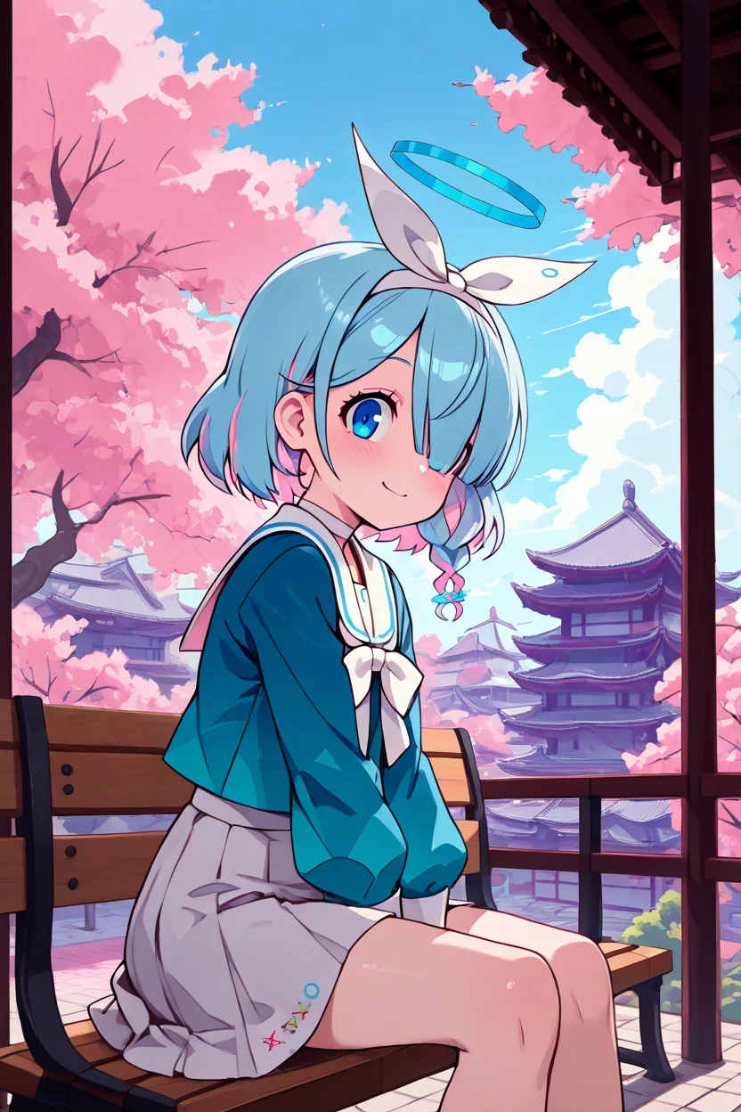 masterpiece, best quality, 1girl, solo, 21 year old model, eyelashes, (beautiful eyes), ,,, zzArona, blue eyes, blue hair, hair over one eye, bangs, blue halo, mechanical halo, long sleeves, ribbon, school uniform, serafuku, skirt, white skirt, <lora:AronaBlueArchiveIXL:1.0>, ,,,sitting on bench, side view, looking at viewer solo, smile, pnkBldng, sky, day, cloud, tree, blue sky, building, architecture, east asian architecture, <lora:PinkBuildingIXL_v2:1.0>, <lora:ZankuroIXLLight_v2:0.6>,