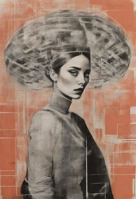 rough crosshatch drawing pop surrealism pop art Lunatic_Portrait of a girl in latex, slick back, low bun, black makeup, tj