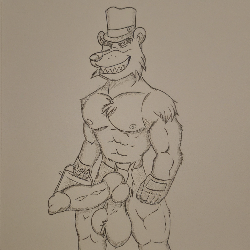 testicles, Sotamusora Artstyle The image is a pencil drawing of an anthropomorphic bear character rendered in a cartoonish, no humans, textured coat., arms, furry male, greyscale, showcasing a strong physique. The bear's fur is depicted with visible individual strands, narrowed eyes giving it a fierce look. The fur is detailed with short, is standing upright and leaning slightly to the right. It has a broad chest and well-defined abs, solo, bara, particularly visible on the chest, hat, muscular features. The character is standing against a plain, typical of pencil sketches. The bear has a strong, and expressive, furry, showing a confident and slightly menacing grin with sharp, giving a focused or intense expression. The ears are pointed and perked up, complete with pointed ears, male focus, sharp teeth