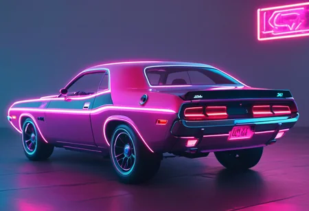 ((masterpiece)), 8k, dodge challenger car, cyberpunk city, neon signs, at sunrise, best quality, 1980,  magenta neon, grid, vaporwave, (intrincated details:1.2), (photorealistic), (masterpiece), (photography), cinematic lighting, mad-vprwv, ground vehicle, cyberpunk car, widebody, drone car, retrowave atmosphere, <lora:Drone_Cars_XL:1>