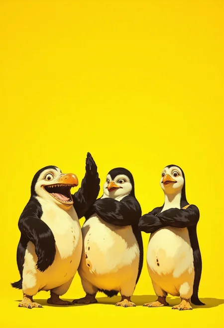 (digital CGI image, highly detailed, 8K, hyper-realistic rendering, cartoon style) This digitally rendered CGI image features four animated penguins standing side by side. The penguins are anthropomorphic, with exaggerated human-like expressions and body language. From left to right:
The first penguin is standing with its arms raised in a celebratory or excited gesture, mouth open in a wide, cheerful smile. Its eyes are wide and expressive, with a slight blue tint. The feathers on its head are black, and it has a black stripe running from its head to its chest, separating its white belly from its black back.
The second penguin is standing with its arms crossed over its chest, giving a confident and assertive pose. It has a serious expression with narrowed eyes, and its orange beak is slightly open.
The third penguin is standing with its arms crossed over its chest, mirroring the second penguin's pose. It has a slightly more relaxed expression, with a slight smile and relaxed eyes.
The fourth penguin is standing with its arms crossed over its chest, giving a confident and assertive pose. It has a serious expression with narrowed eyes, and its orange beak is slightly open.
The background is a vibrant yellow, providing a bold, energetic contrast to the penguins, ensuring they remain the focal point. The overall composition captures a playful, dynamic energy, combining humor and expressive animation in a whimsical style.
Character count: 1,397