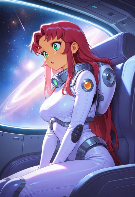 starfire, ultra detailed, masterpiece, best quality, 1girl, solo, adult, indoors, space suit, sitting, seat, windows, futuristic vehicle, space, stars, galaxy, pastel colors, vintage, intricate detailed, finely detailed, amazing detail, from side, smile, :o, awe, shadows, dim lighting, cowboy shot,