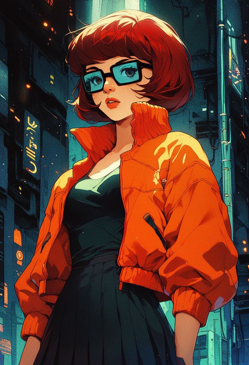 <lora:Kenva:1.0> score_9, knva, halftone effect, 1girl, solo, cyberpunk, Velma Dinkley, jacket,