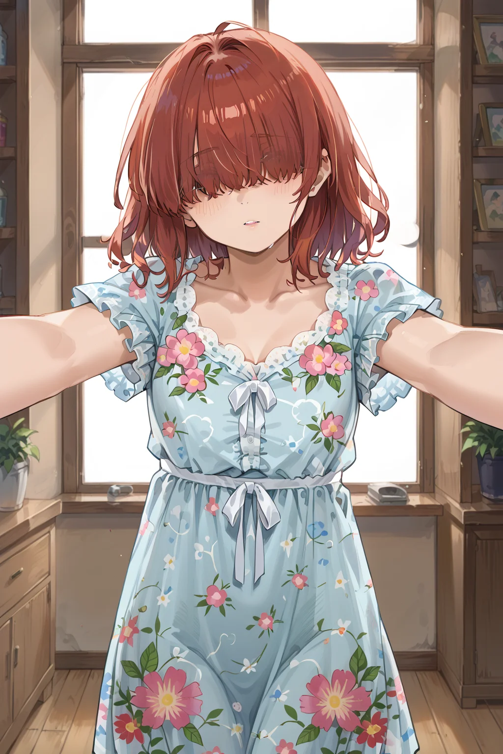 score_9, score_8_up, score_7_up, source_anime, BREAK, blush, red hair, hair over eyes, head tilt, indoors, floral nightgown, looking at viewer, <lora:Kabedon On Viewer V3 Pony:0.8>, (kabedon on viewer), <lora:Floral Nightgown Pony:0.6>