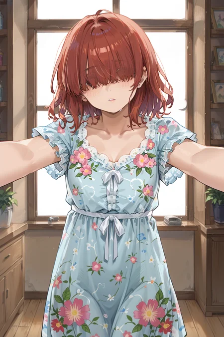 score_9, score_8_up, score_7_up, source_anime, BREAK, blush, red hair, hair over eyes, head tilt, indoors, floral nightgown, looking at viewer, <lora:Kabedon On Viewer V3 Pony:0.8>, (kabedon on viewer), <lora:Floral Nightgown Pony:0.6>