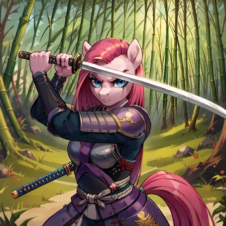 Pinkamena, anthro pony, solo, samurai armor, katana, bamboo forest, high guard sword parry stance