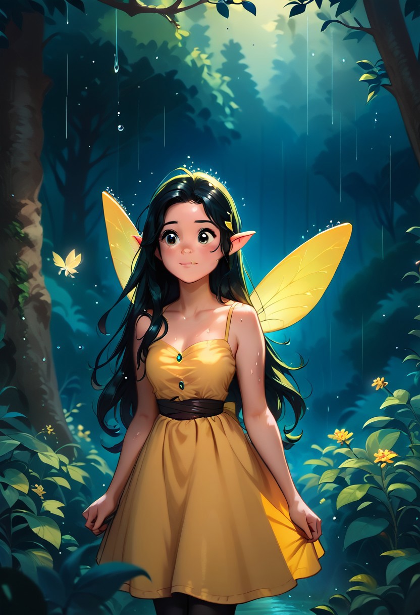 score_9, score_8_up, score_7_up, score_6_up, score_5_up, score_4_up masterpiece, high quality, a girl hiding from the rain in a magical forest, cute, black long hair, yellow dress,Fairy Wings , j_huiben, source_cartoon