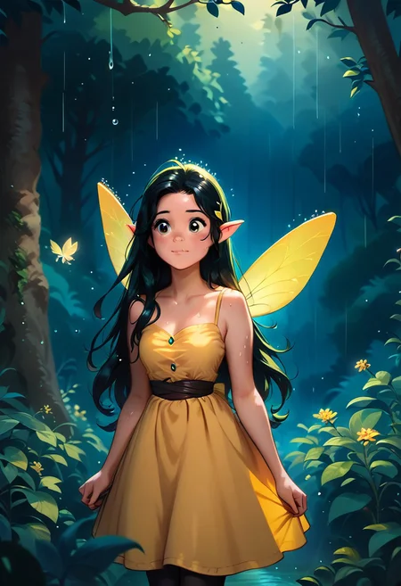 score_9, score_8_up, score_7_up, score_6_up, score_5_up, score_4_up masterpiece, high quality, a girl hiding from the rain in a magical forest, cute, black long hair, yellow dress,Fairy Wings , j_huiben, source_cartoon