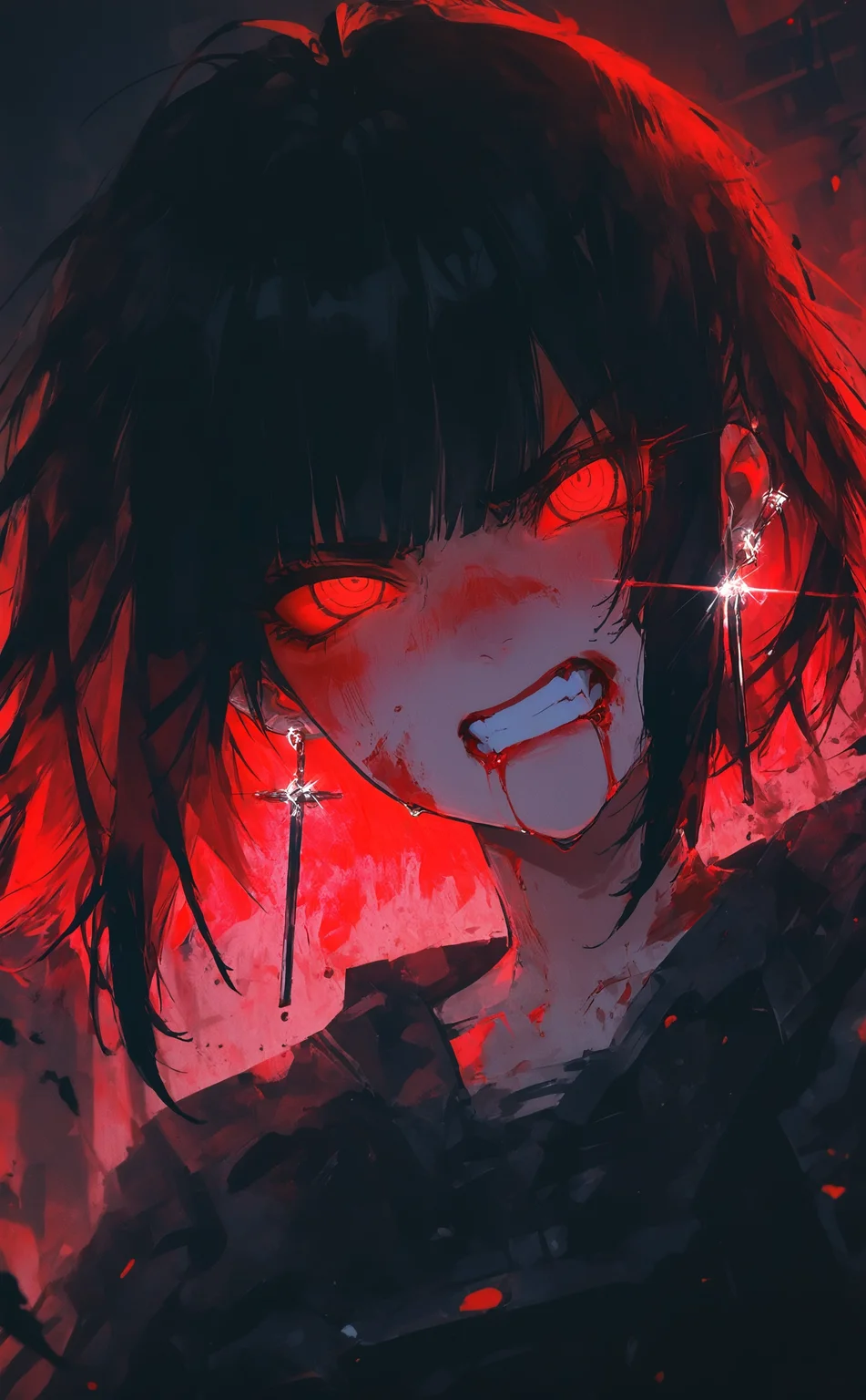 masterpiece, best quality, amazing quality, 1girl, solo, short hair, red eyes, earrings, teeth, blood, glowing, portrait, clenched teeth, glowing eyes, angry, close-up, colored sclera, blood on face, injury, glint, ringed eyes, blood from mouth, Cinematic Lighting, Karinami Inkblush mode,thick ink outlines,soft marker gradients,era 2020s indie illustration,(Inkblush style:1.2), <lora:noobai_ep11_stabilizer_v0.138_fp16:0.3> <lora:XXX667:0.6> <lora:lpc_v10:0.7> <lora:96YOTTEA-WAI:0.6> <lora:Karinami_Inkblush_mode_Illustrious_clean:0.6>