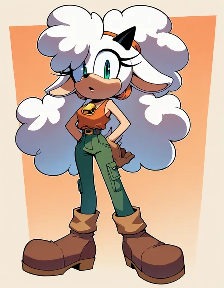 score_9, score_8_up, flat color, flat shading, 1girl, solo, lanolin the sheep, sonic (series), wide hips, narrow waist, orange tank top, green pants, brown boots <lora:LanolinSDXL:0.75>  <lora:Anime Style 2 SDXL_LoRA_Pony Diffusion V6 XL:1>