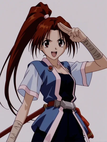 masterpiece,best quality,newest,
1girl,solo,
anime screencap,<lora:sakura_ilxl_v1.0:1>,sakura,high ponytail,brown hair,brown eyes,
s_clothes,short_sleeves,open clothes,belt,ribbon,black short culottes,
sheath_on_back,
<lora:Fixhands_anime_bdsqlsz_V1:1>,simple_background,looking_at_viewer,face_focus,standing,front view,laughing,cowboy_shot,moon,white_background,two-finger salute,hand on own forehead,