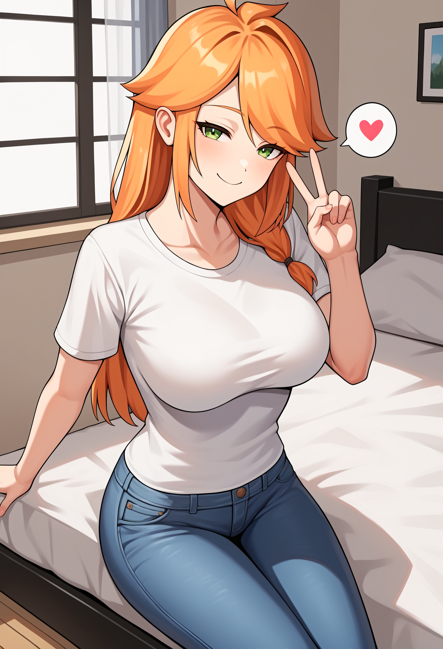 score_9, score_8_up, score_7_up, score_6_up, score_5_up, score_4_up, source_anime, 1girl, solo,  <lora:Alex_Moja:1> mmalex, orange hair, green eyes, 
sitting, on bed, indoors, bedroom, cowboy shot BREAK
 looking at viewer, smile, large breasts, white t-shirt, jeans, half-closed eyes, peace sign, spoken heart