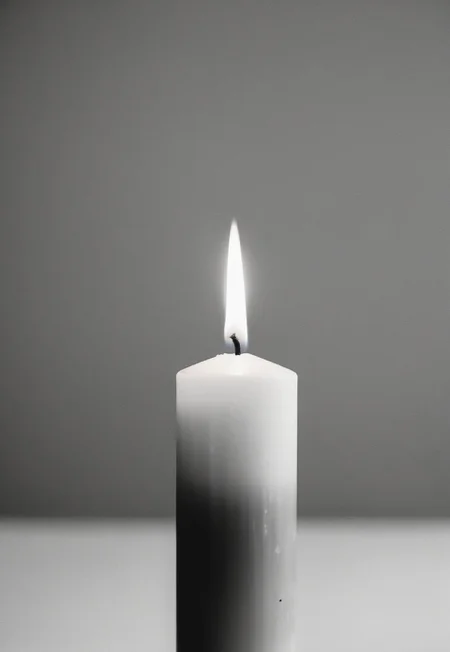 Close up of a Unique Looking Candle in the middle on a Black Table, Completely white background, Soft diffused lighting, grayscale, Monochromatic, Muted Tones, Minimalist, Ethereal, Leica MP, Leica Noctilux 50mm f0.95 Lens, Kodak Tri-X 400 Film, 35mm Film, Film Grain, Film halation