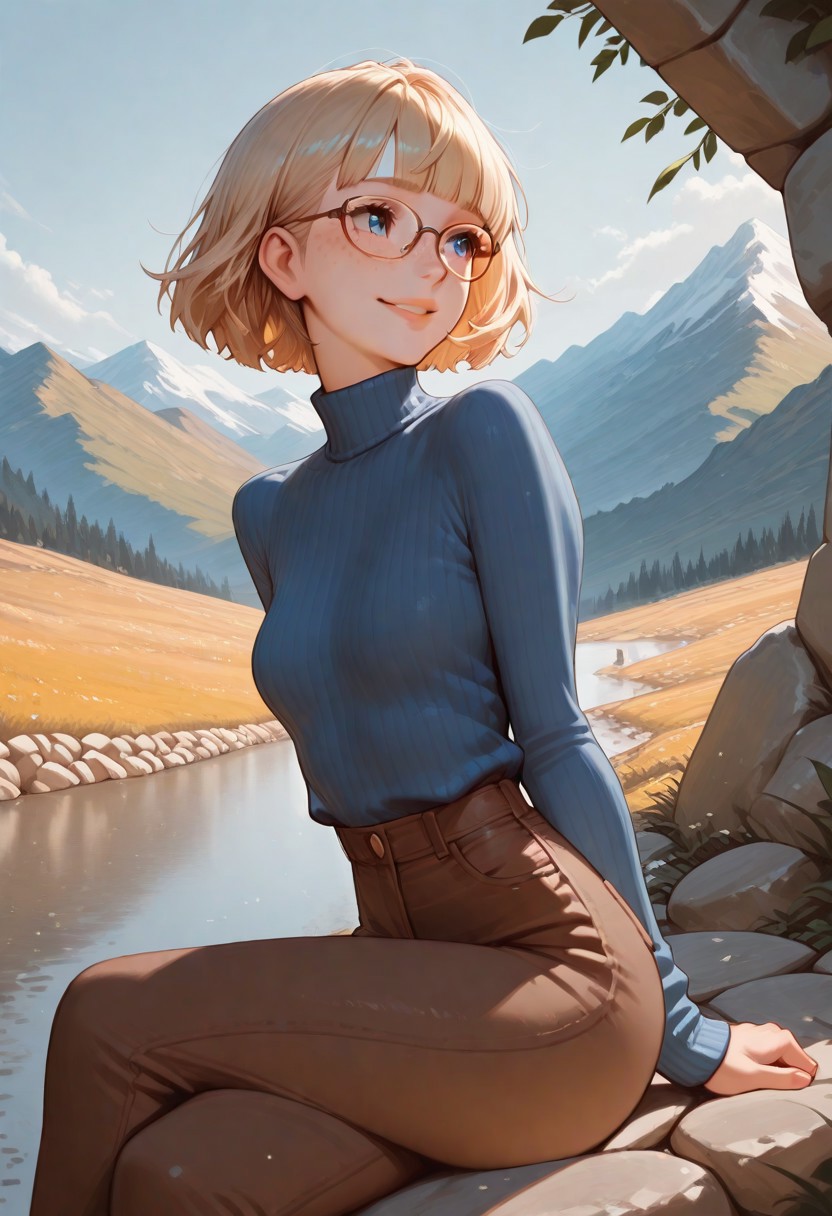 masterpiece, best quality, 32k, high resolution, absurdres, dynamic lighting, HD32k, 1girl, solo, Saly-Free, blonde, eyeglasses, short hair, blue eyes, small breasts, blunt bangs, freckles, slim, blue sweater, turtle neck, brown pants, posing cute, outdoors, parted lips, focus on face, sitting on a stone wall, profile, looking away, crossed legs, aesthetic, detailed, mountain landscape, urban scenario, shy smile